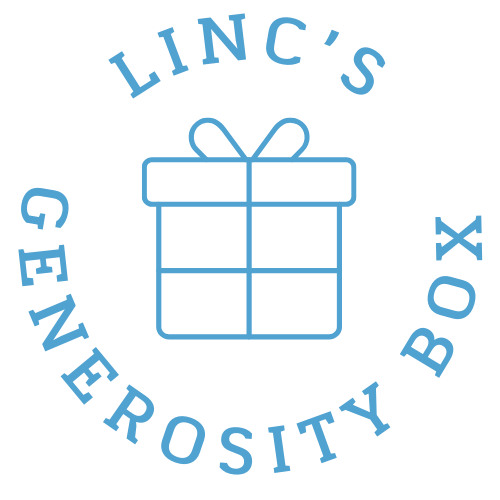 Blue logo featuring Linc's gift box and text